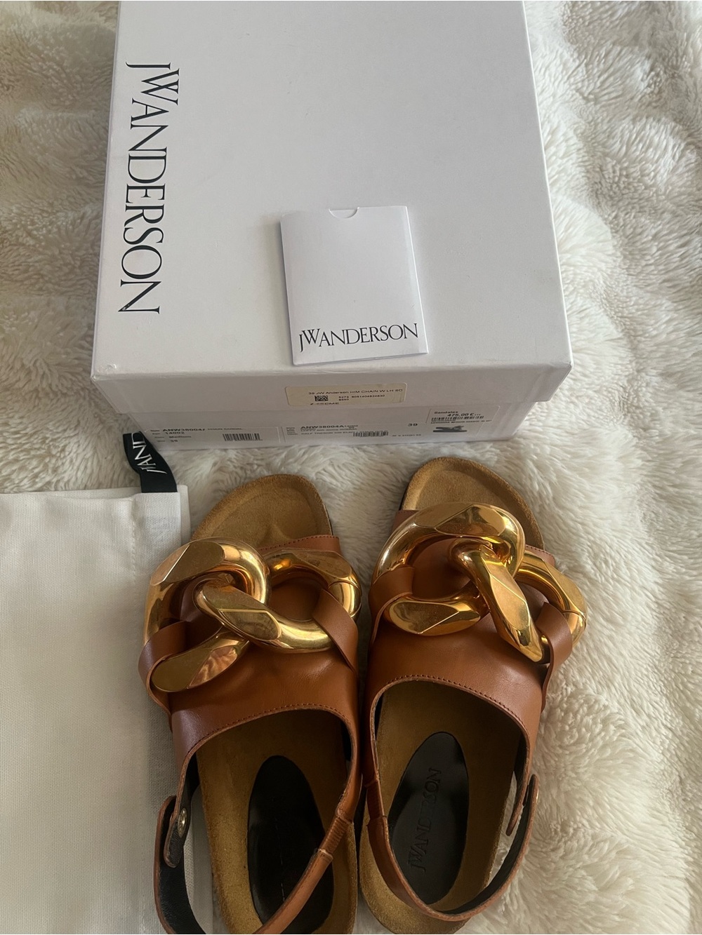 JW Anderson Brown Leather Chain Slide Sandals with Gold Hardware
